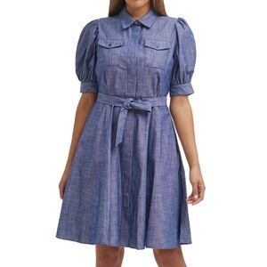 Calvin Klein Chambray Puff Sleeve Button Down Dress Size 6 💙